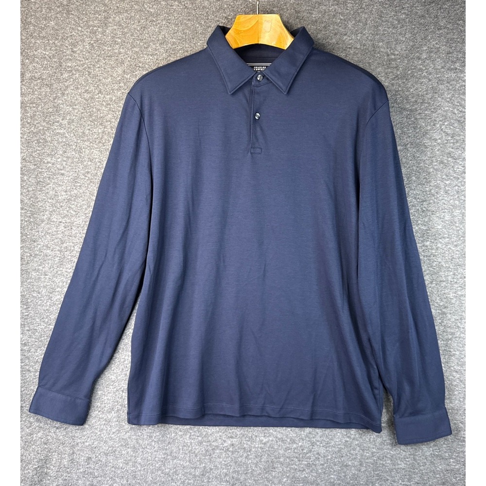 Charles Tyrwhitt Navy Blue Cotton Long Sleeve Smart Jersey Polo Mens Size L Trim